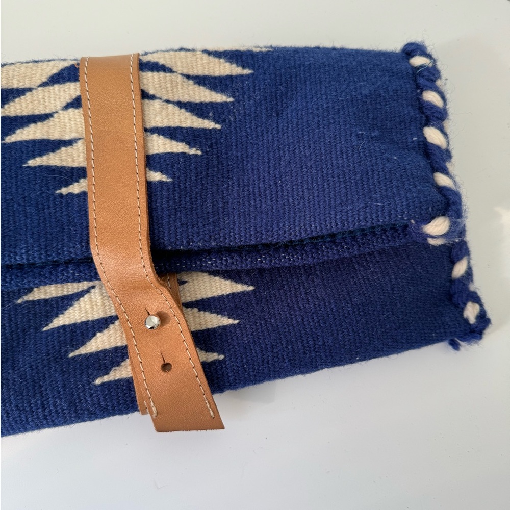Handcrafted Wool Clutch Bag,White indigo Blue. Leather strip and magnet closure.